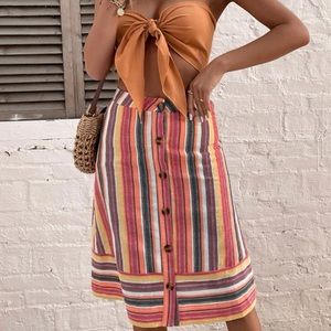 Knot Front Crop Tube Top & striped Skirt